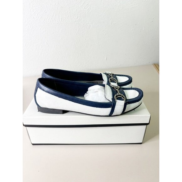 Etienne Aigner Sz 8 Lexi Blue Navy & White Slip-On Buckle Cruise GUC - Picture 5 of 5